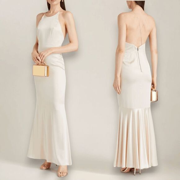 Alice + Olivia Samia Silk Champagne Bridal Fishtail Gown Dress Size 10 Open Back - Picture 1 of 16